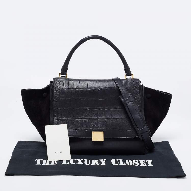 Pre Owned Celine Black Croc Embossed, Leather and Suede Medium Trapeze Bag