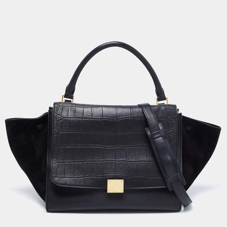 Pre Owned Celine Black Croc Embossed, Leather and Suede Medium Trapeze Bag
