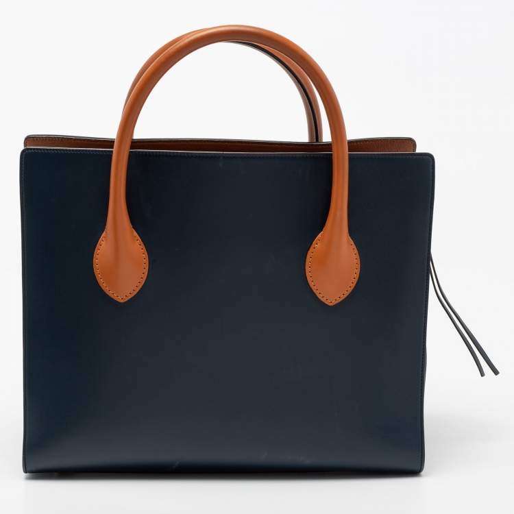 Pre Owned Celine Navy Blue/Tan Brown Leather Boxy Tote