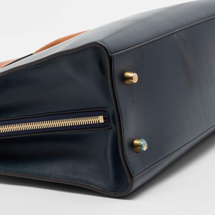 Pre Owned Celine Navy Blue/Tan Brown Leather Boxy Tote