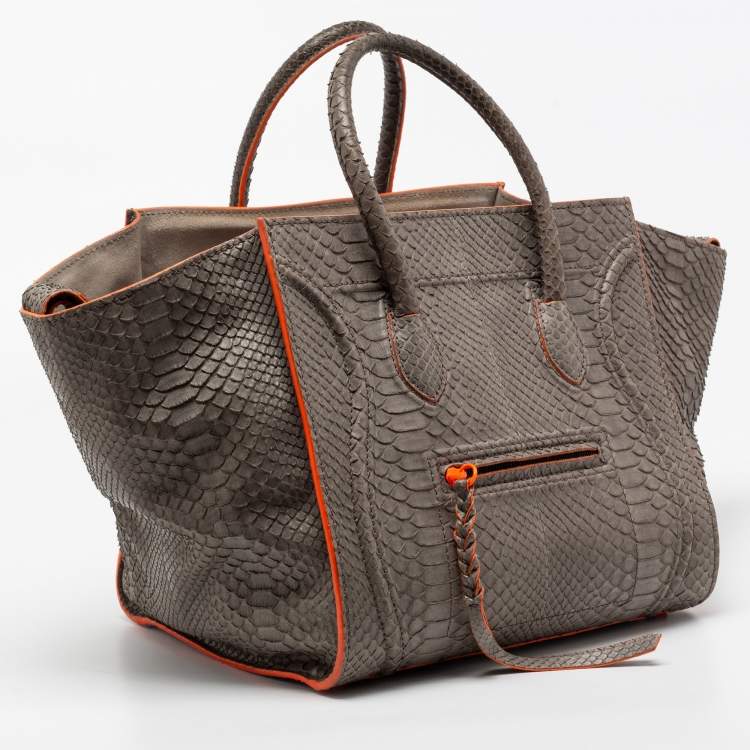 Pre Owned Celine Grey/Neon Orange Python Leather Medium Phantom Luggage Tote