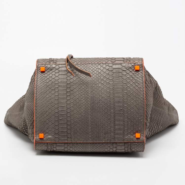 Pre Owned Celine Grey/Neon Orange Python Leather Medium Phantom Luggage Tote