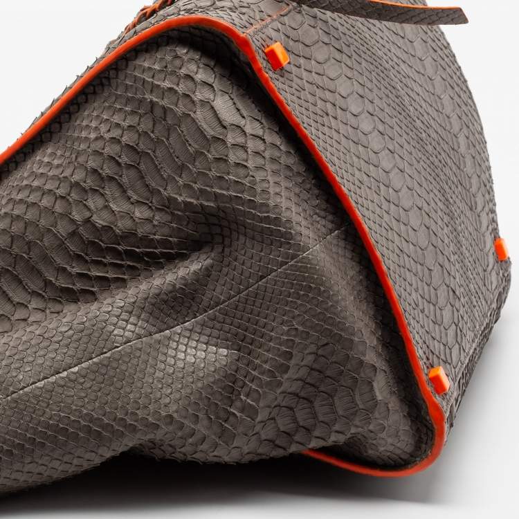 Pre Owned Celine Grey/Neon Orange Python Leather Medium Phantom Luggage Tote