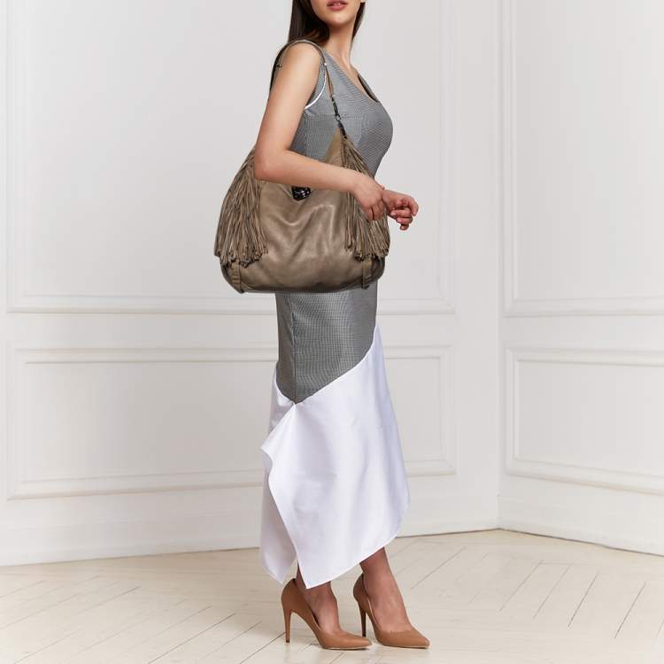 Pre Owned Celine Grey Leather Dimitri Fringe Hobo