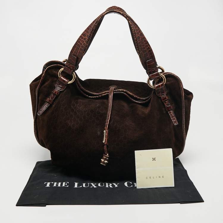 Pre Owned Celine Brown Macadam Suede And Croc Embossed Leather Bittersweet Hobo 