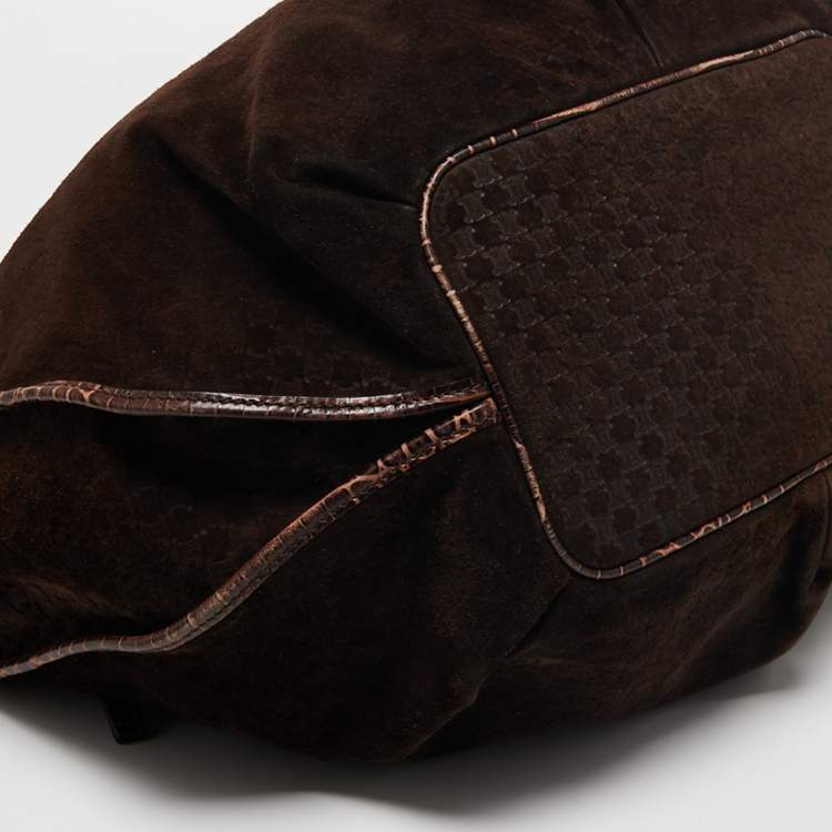 Pre Owned Celine Brown Macadam Suede And Croc Embossed Leather Bittersweet Hobo 