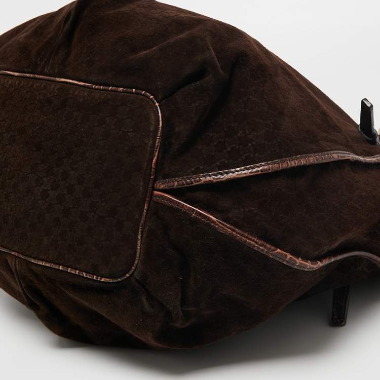 Pre Owned Celine Brown Macadam Suede And Croc Embossed Leather Bittersweet Hobo 