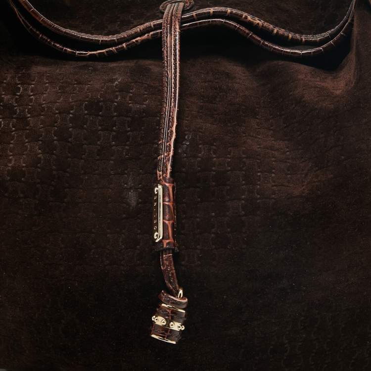 Pre Owned Celine Brown Macadam Suede And Croc Embossed Leather Bittersweet Hobo 