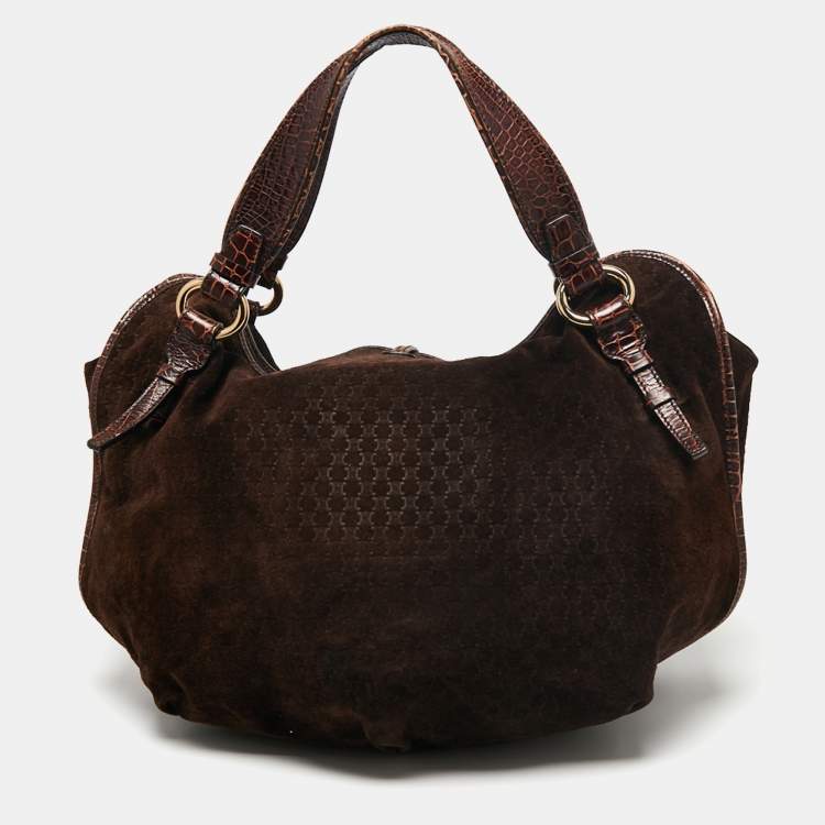 Pre Owned Celine Brown Macadam Suede And Croc Embossed Leather Bittersweet Hobo 