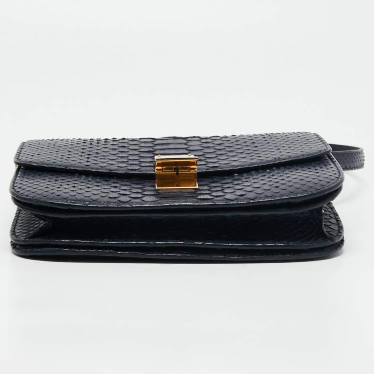 Pre Owned Celine Navy Blue Python Medium Classic Box Shoulder Bag