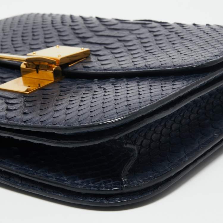 Pre Owned Celine Navy Blue Python Medium Classic Box Shoulder Bag