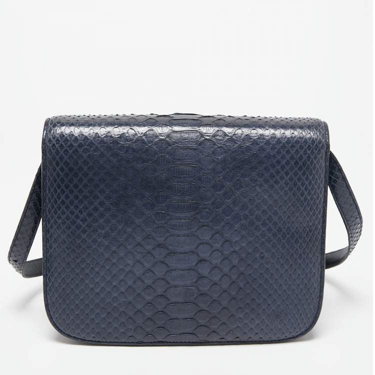 Pre Owned Celine Navy Blue Python Medium Classic Box Shoulder Bag