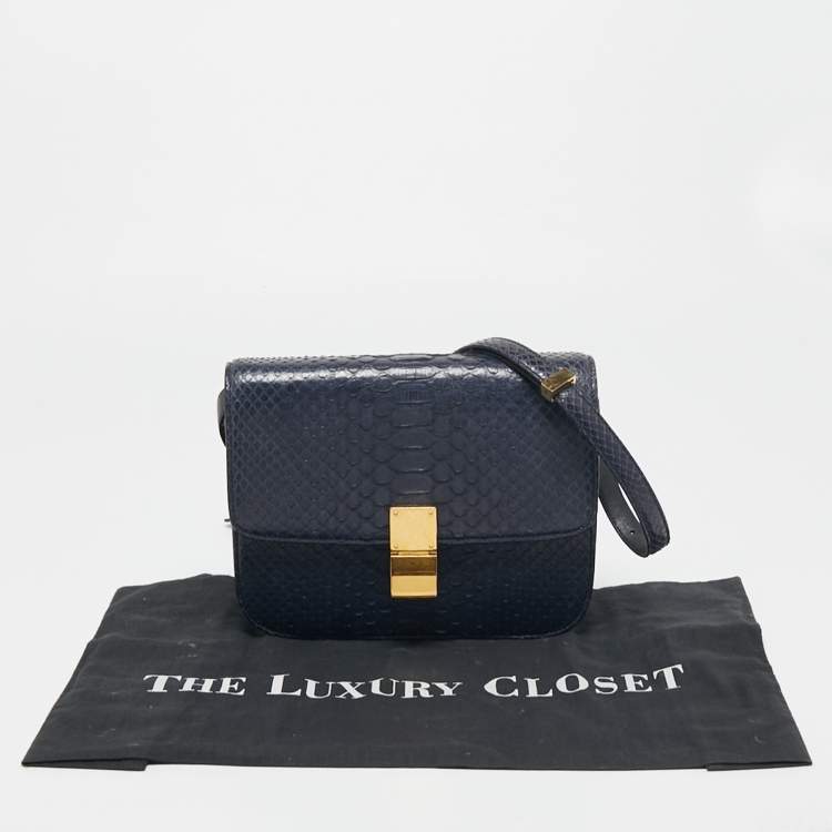 Pre Owned Celine Navy Blue Python Medium Classic Box Shoulder Bag
