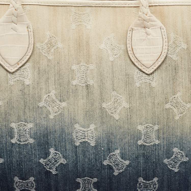 Pre Owned Celine Blue/Beige Macadam Denim and Croc Embossed Leather Tote