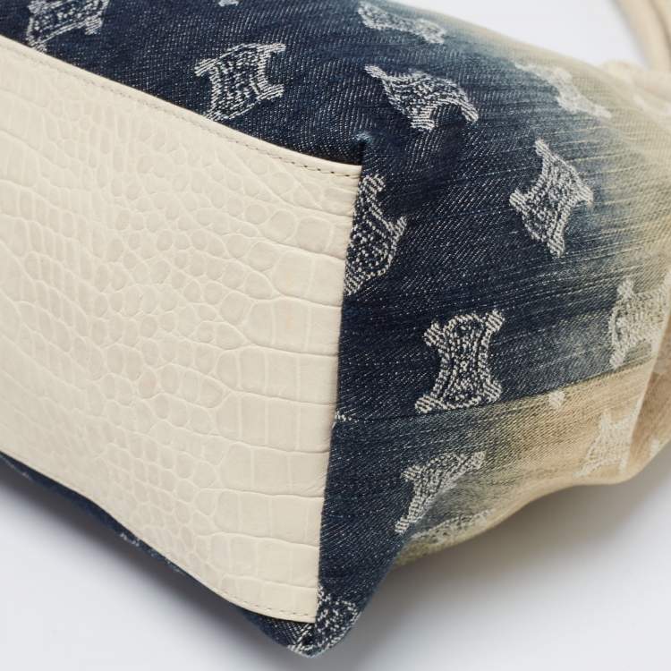 Pre Owned Celine Blue/Beige Macadam Denim and Croc Embossed Leather Tote