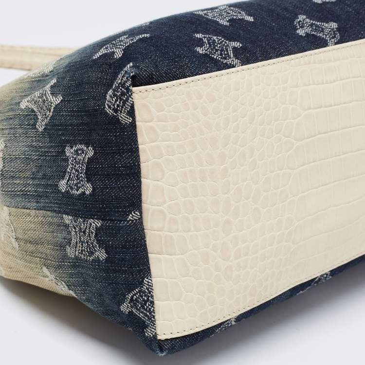 Pre Owned Celine Blue/Beige Macadam Denim and Croc Embossed Leather Tote