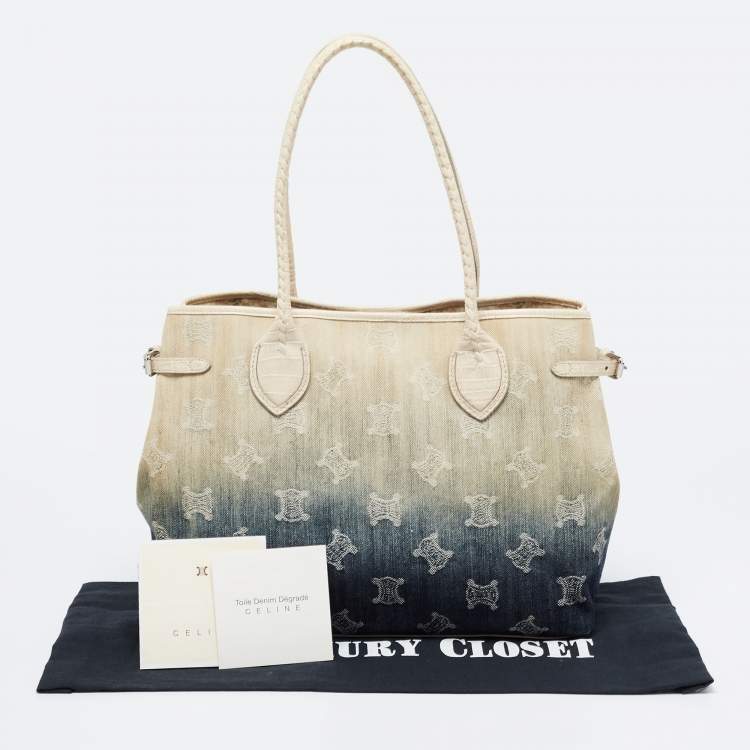 Pre Owned Celine Blue/Beige Macadam Denim and Croc Embossed Leather Tote