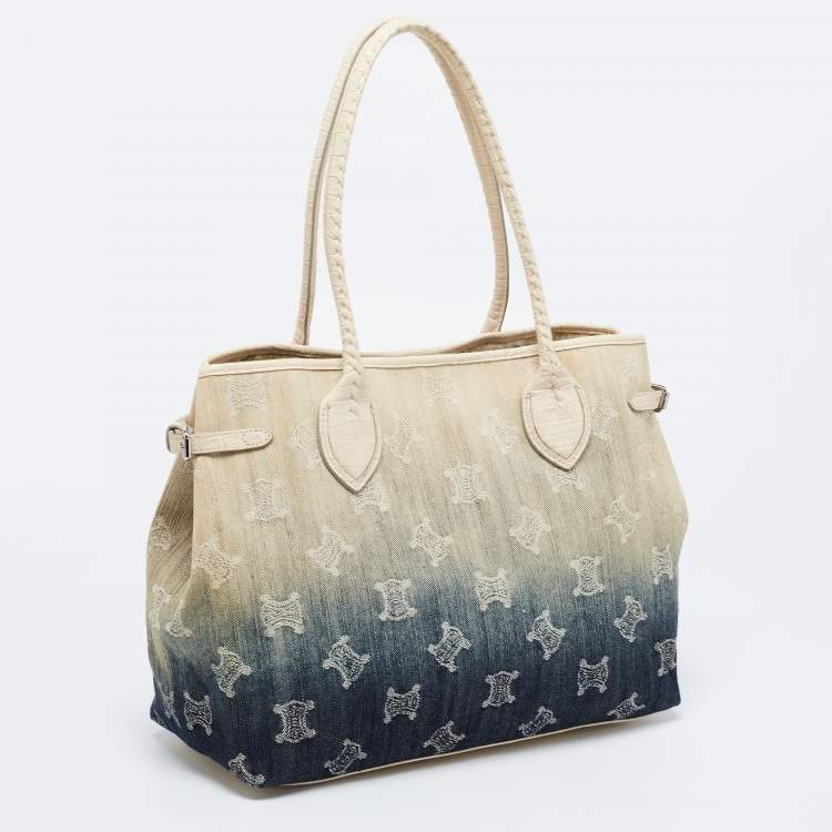 Pre Owned Celine Blue/Beige Macadam Denim and Croc Embossed Leather Tote