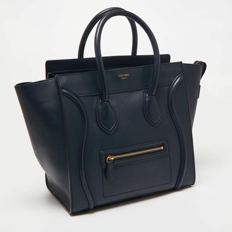 Pre Owned Celine Navy Blue Leather Mini Luggage Tote