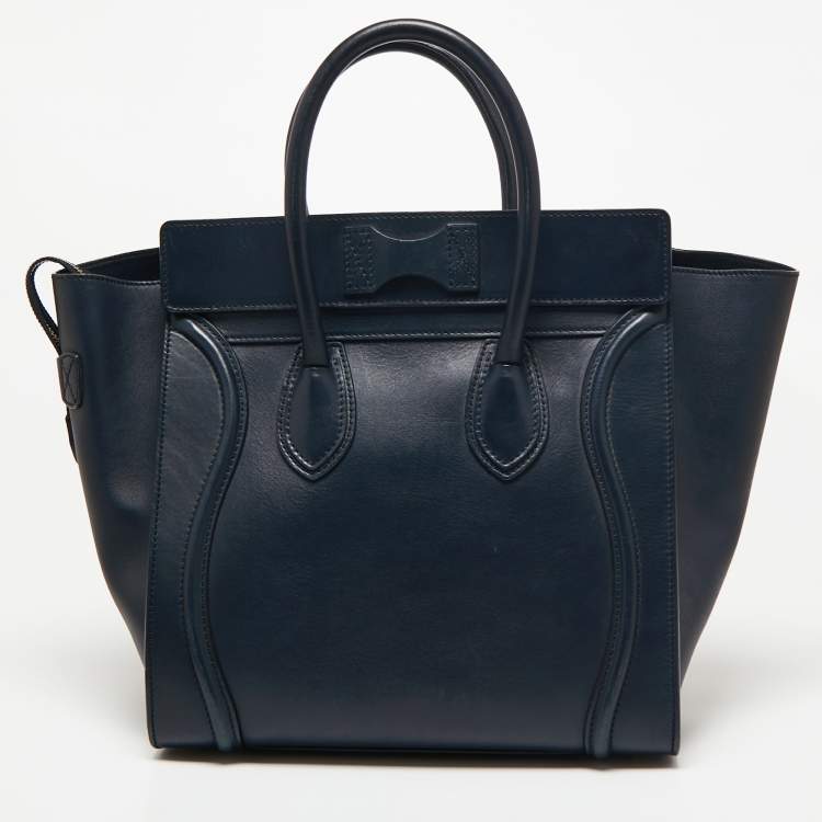 Pre Owned Celine Navy Blue Leather Mini Luggage Tote