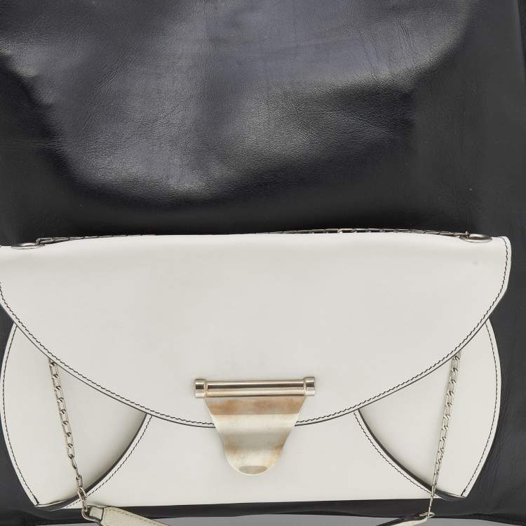 Pre Owned Celine Black/White Leather Front Pocket Medium Shopper Shoulder Bag
