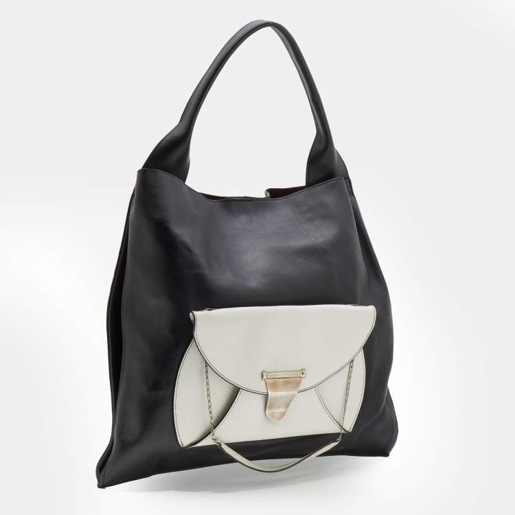 Pre Owned Celine Black/White Leather Front Pocket Medium Shopper Shoulder Bag