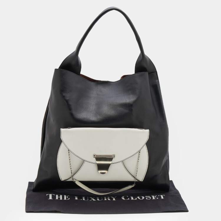 Pre Owned Celine Black/White Leather Front Pocket Medium Shopper Shoulder Bag