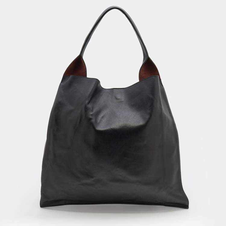 Pre Owned Celine Black/White Leather Front Pocket Medium Shopper Shoulder Bag