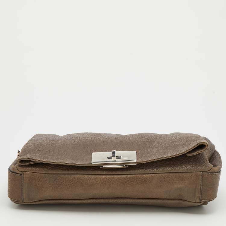 Pre Owned Celine Dark Beige Pebbled Leather Turnlock Flap Chain Shoulder Bag