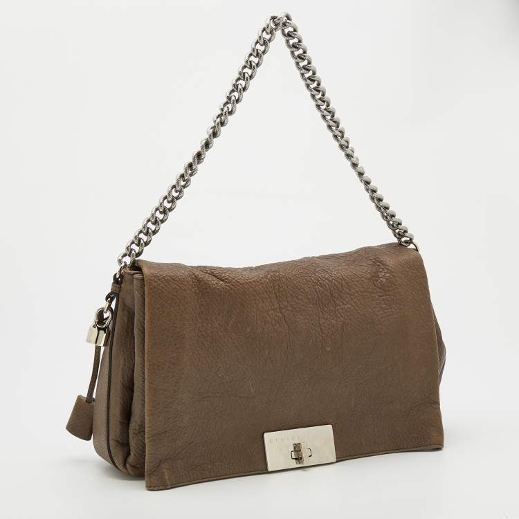 Pre Owned Celine Dark Beige Pebbled Leather Turnlock Flap Chain Shoulder Bag