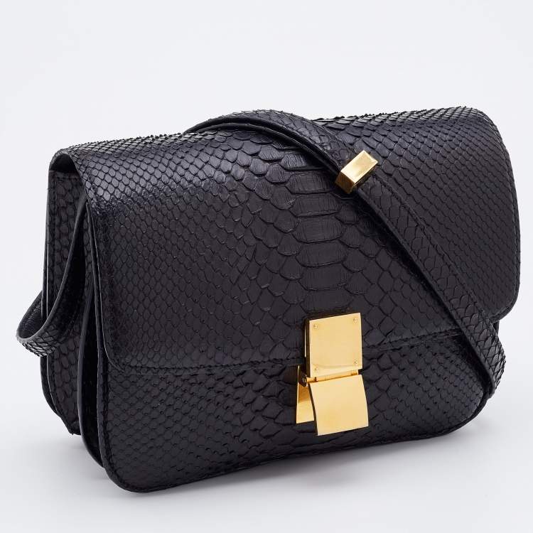 Pre Owned Celine Black Python and Leather Medium Classic Box Shoulder Bag