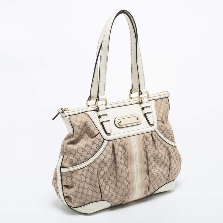 Pre Owned Celine Beige/White Macadam Canvas and Croc Embossed Leather Macadam Tote