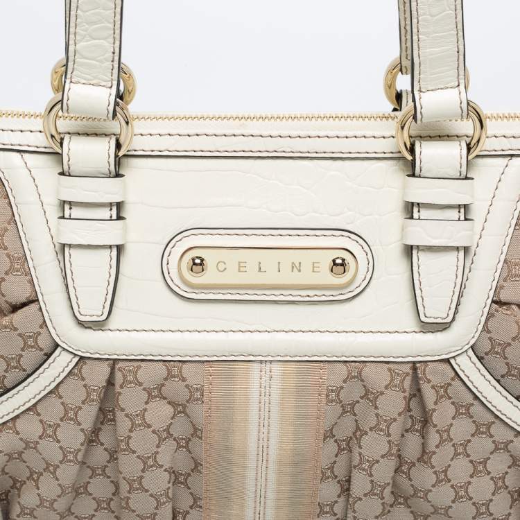Pre Owned Celine Beige/White Macadam Canvas and Croc Embossed Leather Macadam Tote