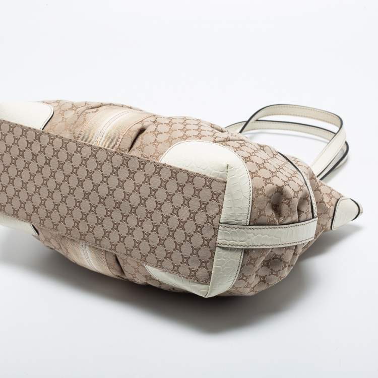 Pre Owned Celine Beige/White Macadam Canvas and Croc Embossed Leather Macadam Tote