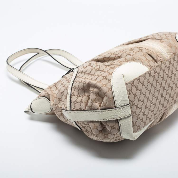 Pre Owned Celine Beige/White Macadam Canvas and Croc Embossed Leather Macadam Tote