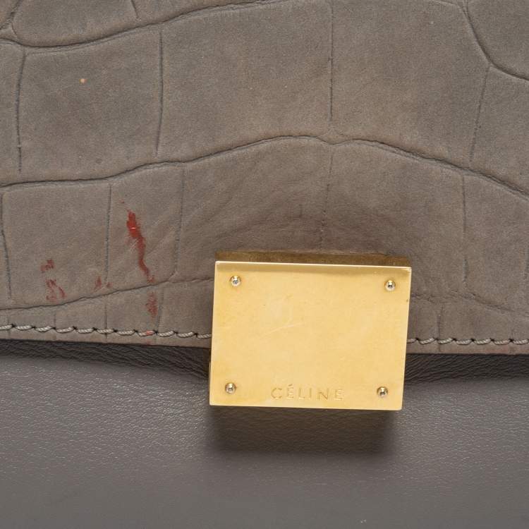 Pre Owned Celine Grey Croc Embossed Leather, Suede and Leather Medium Trapeze Bag