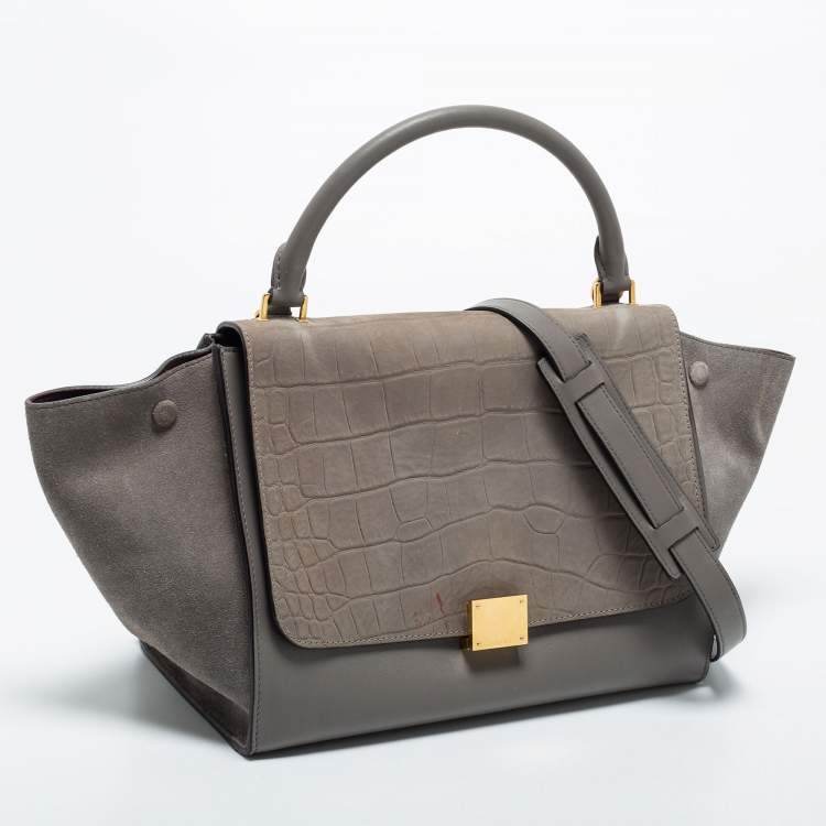 Pre Owned Celine Grey Croc Embossed Leather, Suede and Leather Medium Trapeze Bag