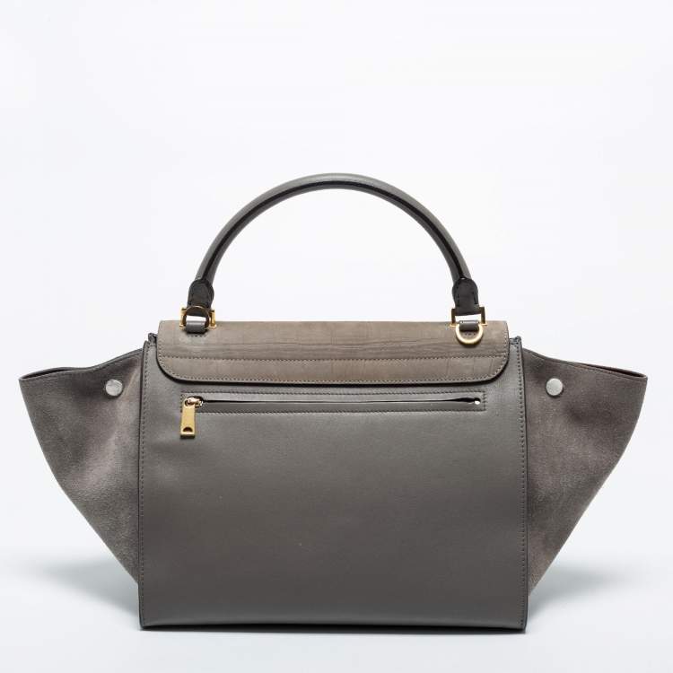 Pre Owned Celine Grey Croc Embossed Leather, Suede and Leather Medium Trapeze Bag