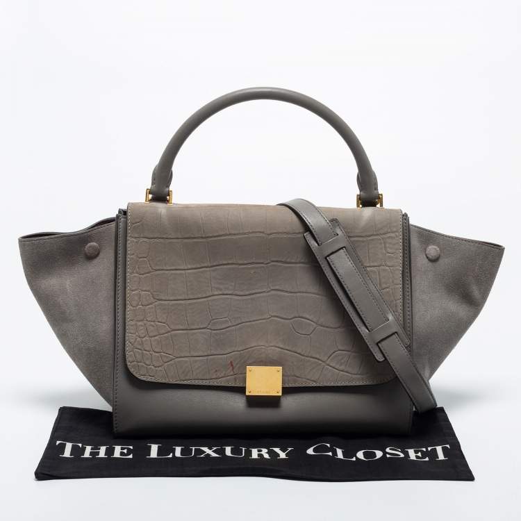Pre Owned Celine Grey Croc Embossed Leather, Suede and Leather Medium Trapeze Bag
