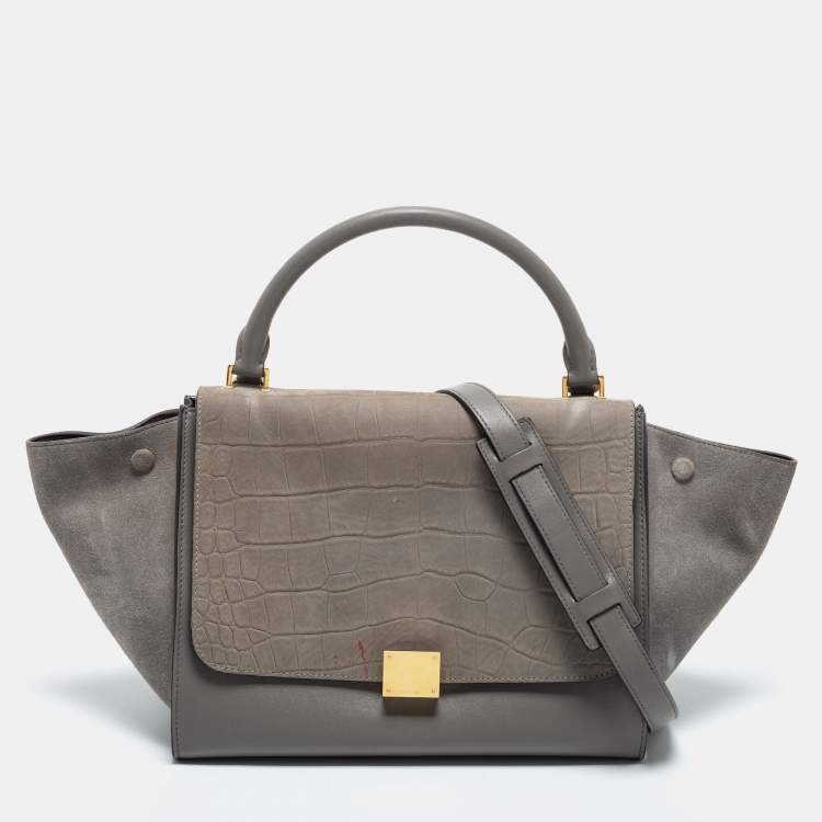 Pre Owned Celine Grey Croc Embossed Leather, Suede and Leather Medium Trapeze Bag