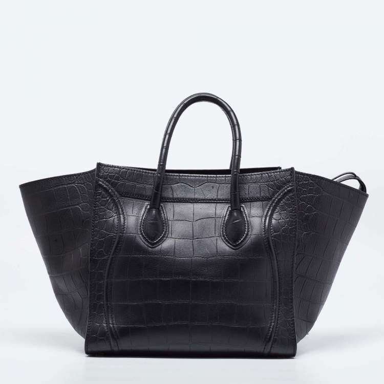 Pre Owned Celine Black Croc Embossed Leather Medium Phantom Luggage Tote