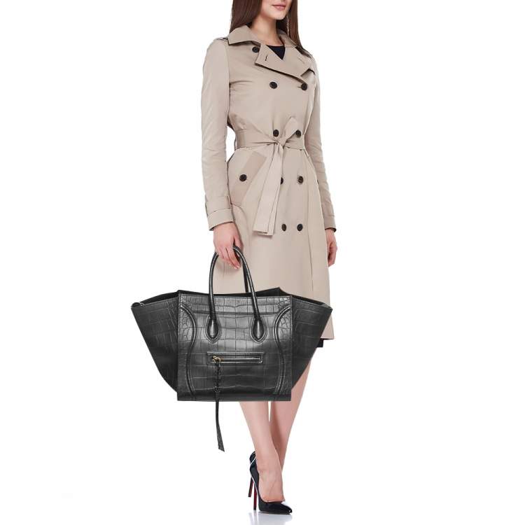 Pre Owned Celine Black Croc Embossed Leather Medium Phantom Luggage Tote