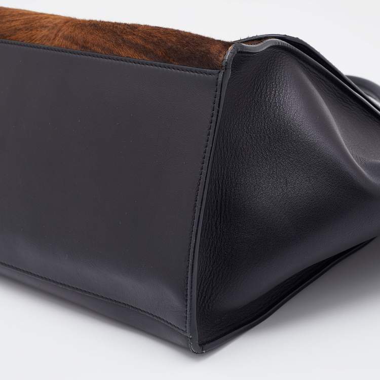 Pre Owned Celine Black/Brown Leather and Calf Hair Medium Trapeze Top Handle Bag