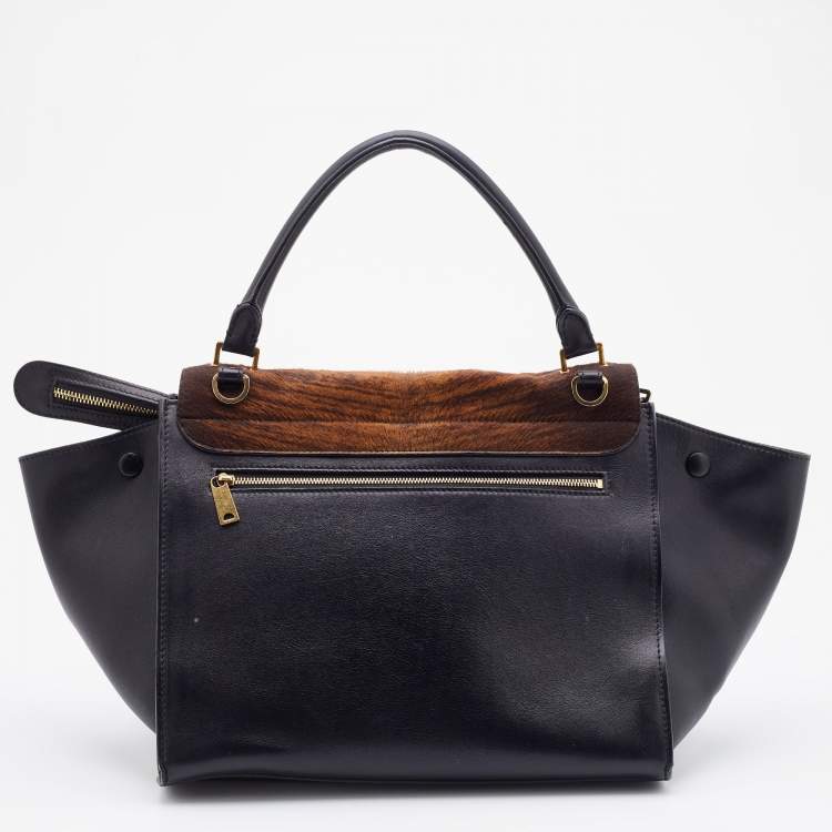 Pre Owned Celine Black/Brown Leather and Calf Hair Medium Trapeze Top Handle Bag