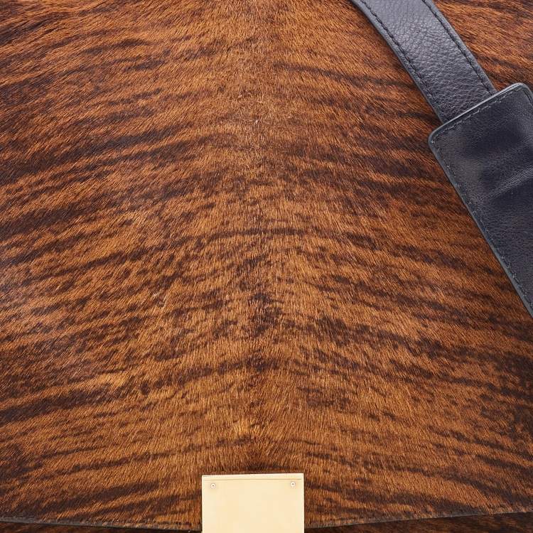 Pre Owned Celine Black/Brown Leather and Calf Hair Medium Trapeze Top Handle Bag