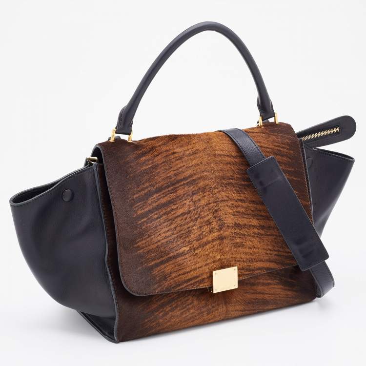 Pre Owned Celine Black/Brown Leather and Calf Hair Medium Trapeze Top Handle Bag