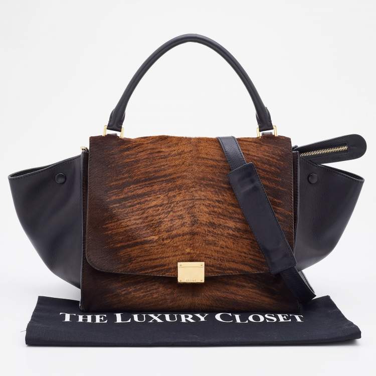 Pre Owned Celine Black/Brown Leather and Calf Hair Medium Trapeze Top Handle Bag