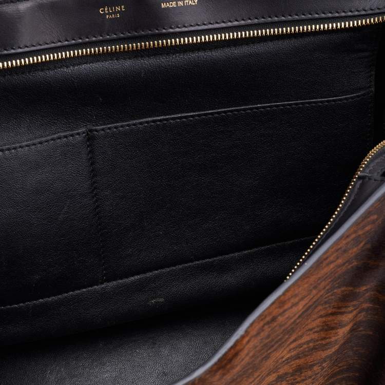 Pre Owned Celine Black/Brown Leather and Calf Hair Medium Trapeze Top Handle Bag