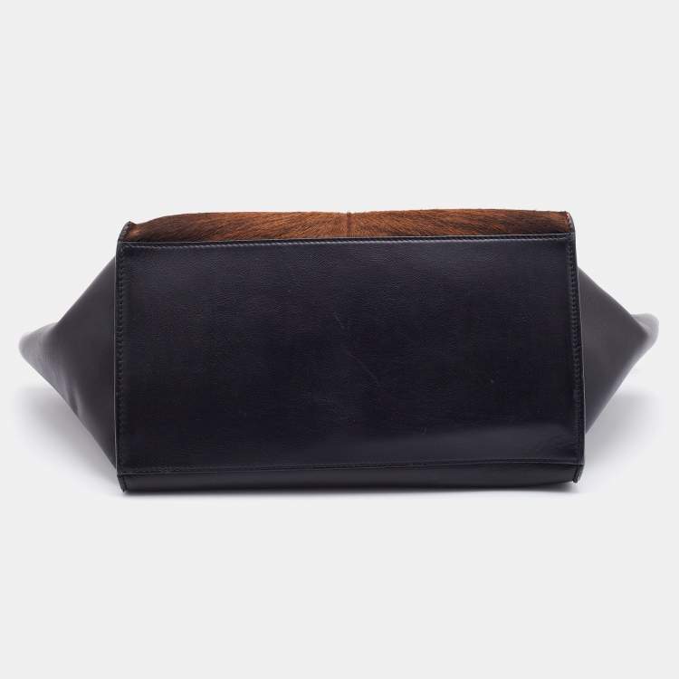 Pre Owned Celine Black/Brown Leather and Calf Hair Medium Trapeze Top Handle Bag