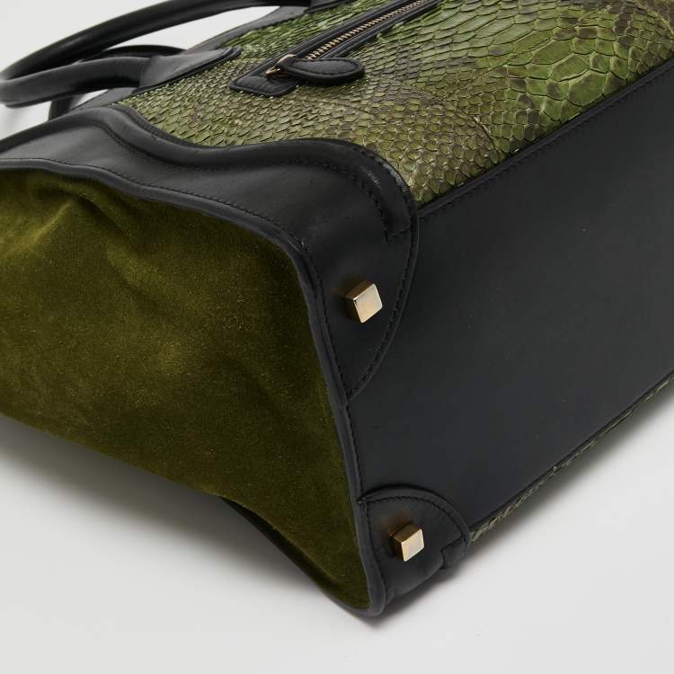 Pre Owned Celine Black/Green Python and Leather Mini Luggage Tote